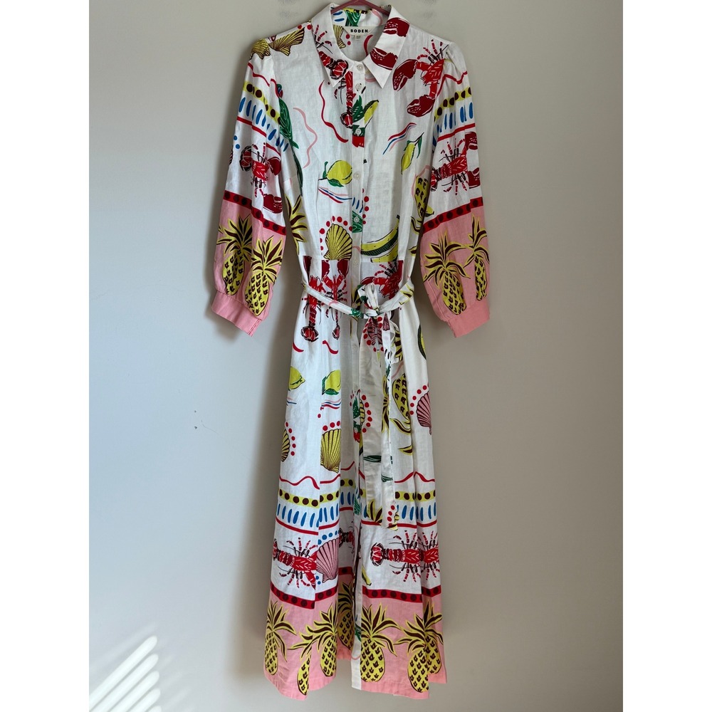 Boden Clara Linen Maxi Shirt Dress Womens 12 White Lobster Pineapple Belted - Picture 2 of 12